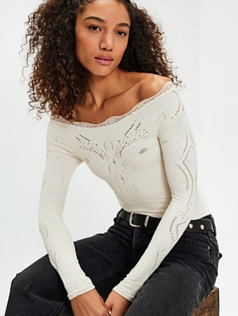 Free People Intimately Cream Off-the-Shoulder Lace-Edge Top XS/S